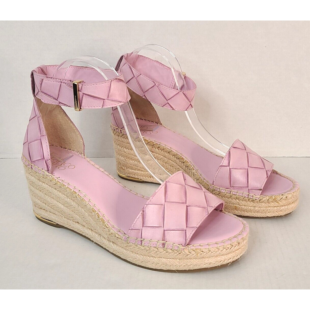 Woven Pink Espadrille Wedge Sandals with Ankle Strap